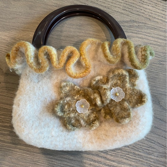handmade Handbags - Vintage felted wool handmade handbag antique button and acrylic handles unique!